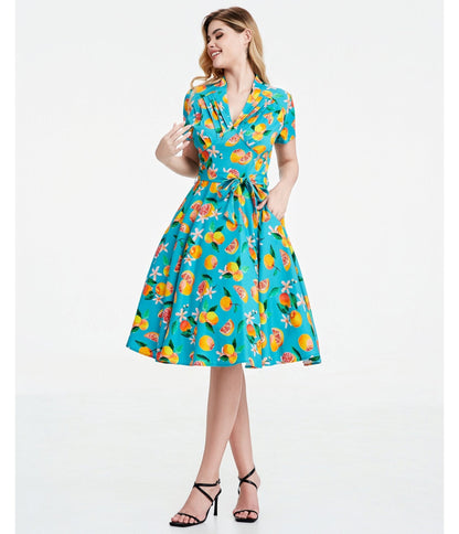 Turquoise Grapefruit Groove Rose Swing Dress