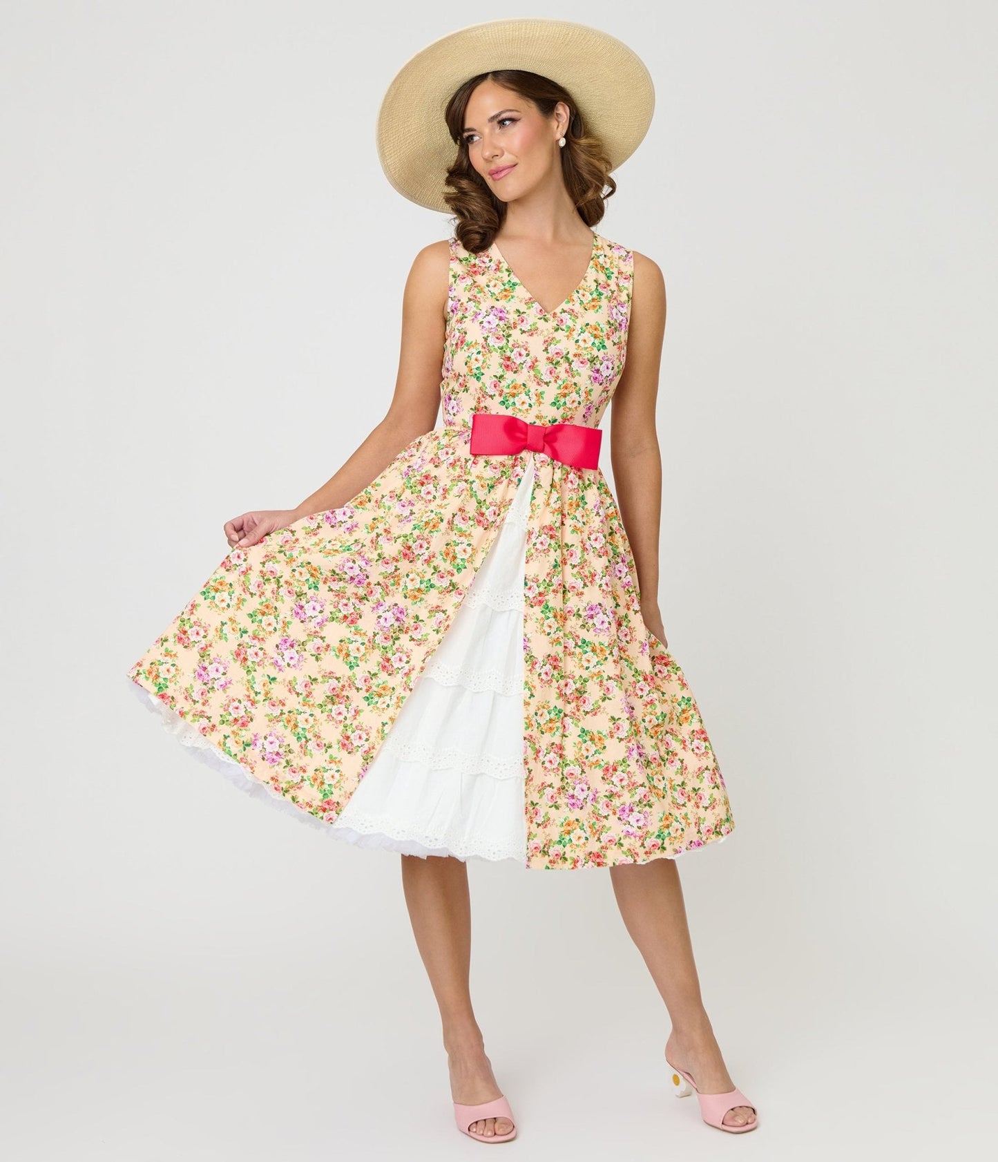 Unique Vintage Beige Floral Print Garden Party Swing Dress