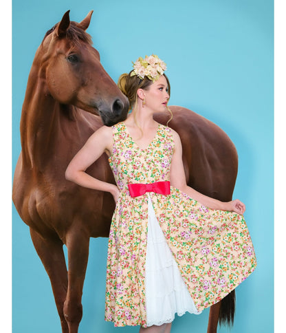 Unique Vintage Beige Floral Print Garden Party Swing Dress