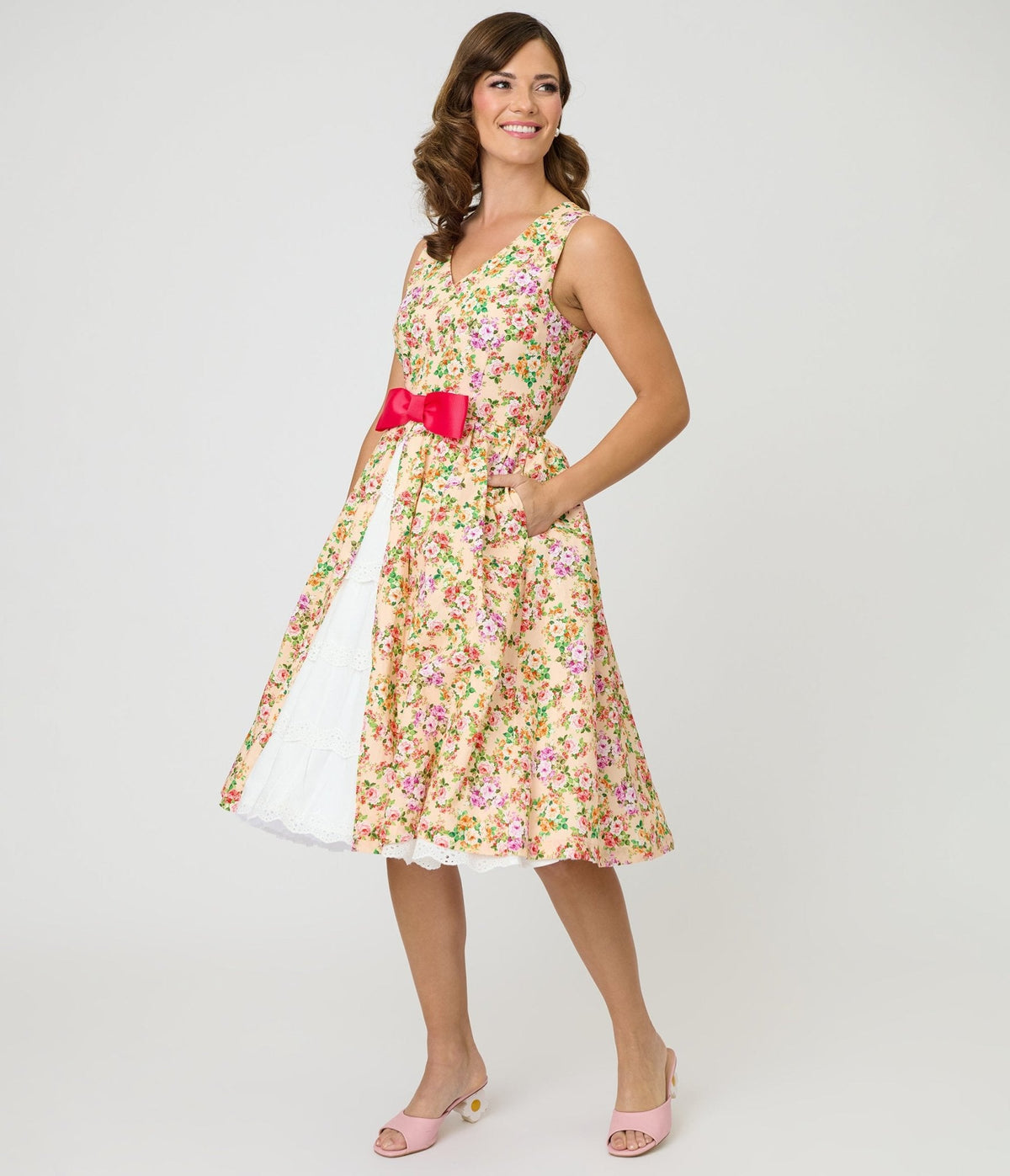 Unique Vintage Beige Floral Print Garden Party Swing Dress