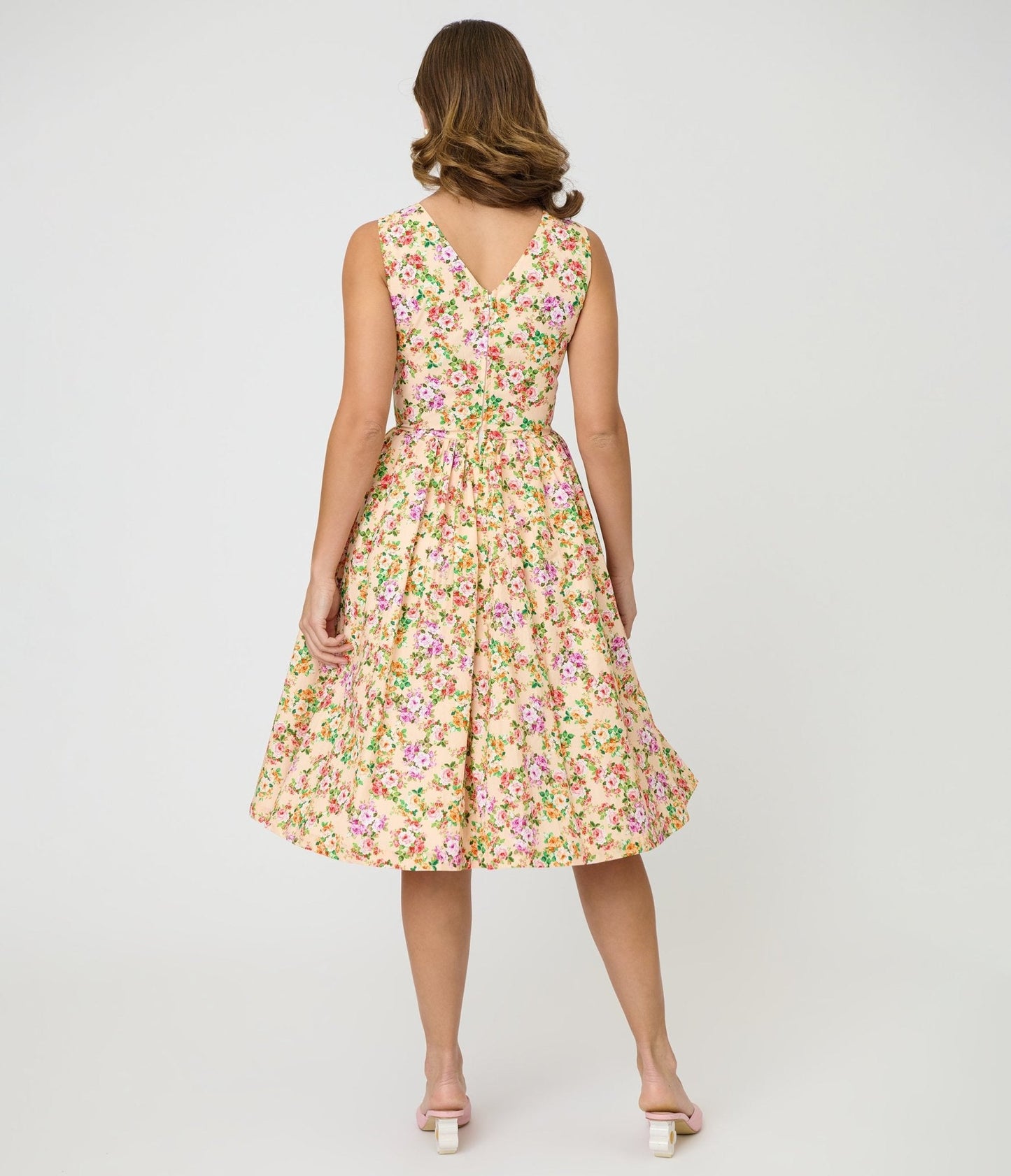 Unique Vintage Beige Floral Print Garden Party Swing Dress