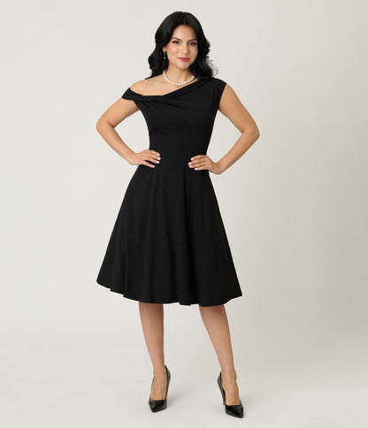 Unique Vintage Black Asymmetrical Neck Swing Dress