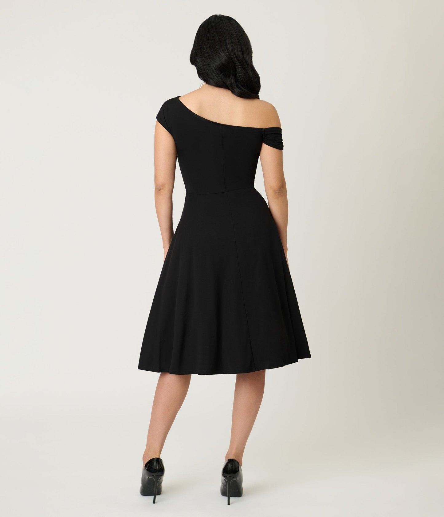 Unique Vintage Black Asymmetrical Neck Swing Dress