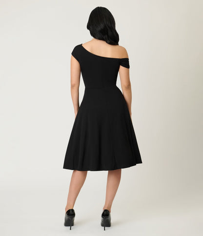 Unique Vintage Black Asymmetrical Neck Swing Dress