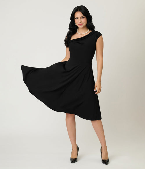 Unique Vintage Black Asymmetrical Neck Swing Dress