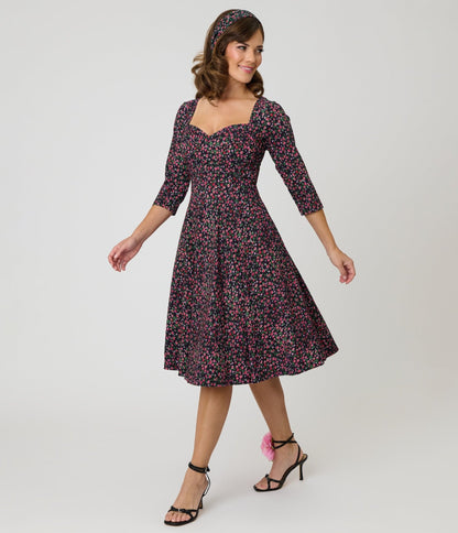Unique Vintage Black Ditzy Rose Pleated Bust Swing Dress