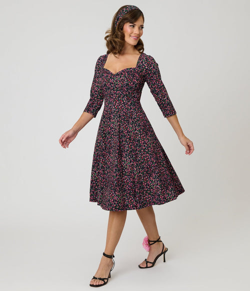 Unique Vintage Black Ditzy Rose Pleated Bust Swing Dress