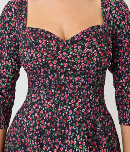 Unique Vintage Black Ditzy Rose Pleated Bust Swing Dress