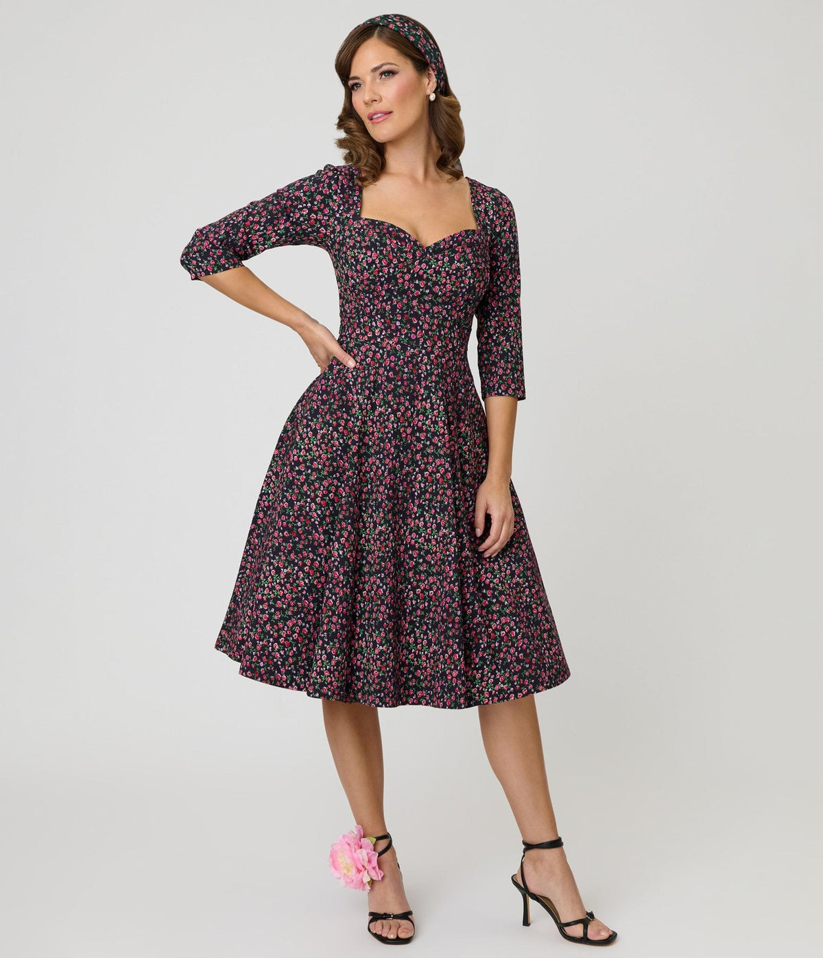 Unique Vintage Black Ditzy Rose Pleated Bust Swing Dress