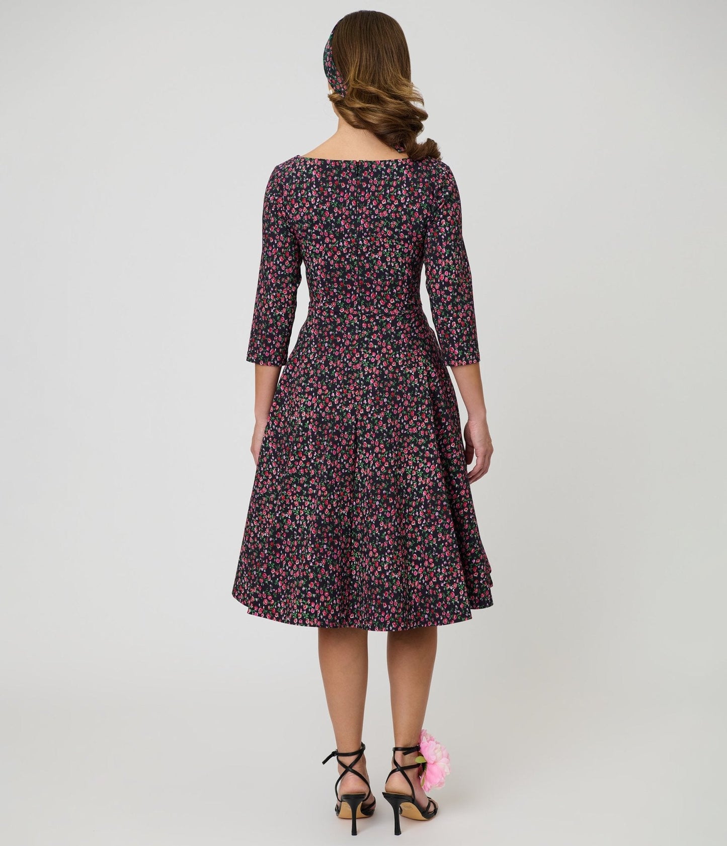 Unique Vintage Black Ditzy Rose Pleated Bust Swing Dress