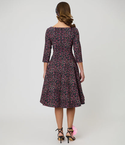 Unique Vintage Black Ditzy Rose Pleated Bust Swing Dress