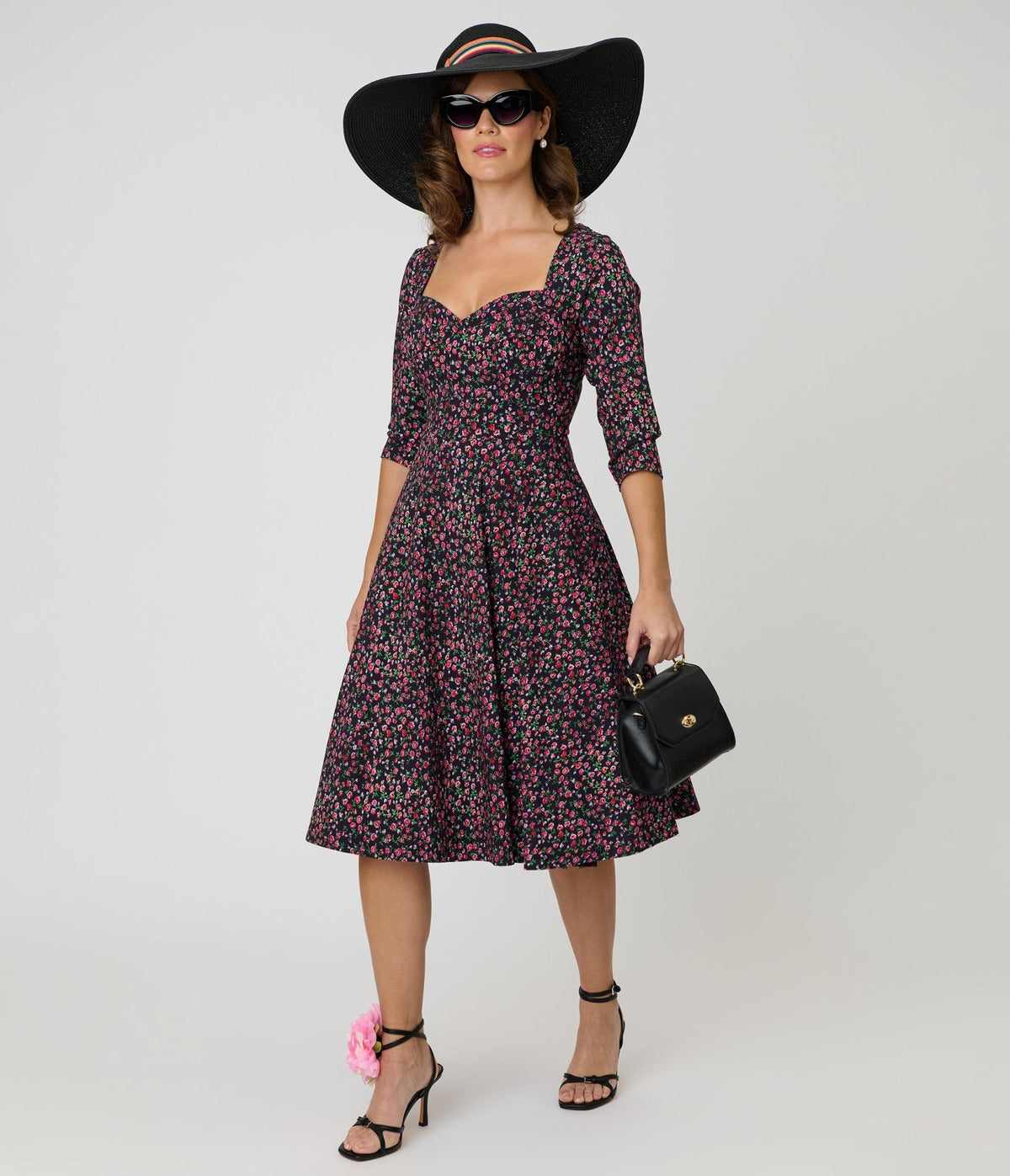 Unique Vintage Black Ditzy Rose Pleated Bust Swing Dress
