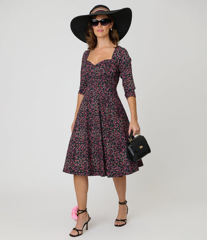Unique Vintage Black Ditzy Rose Pleated Bust Swing Dress