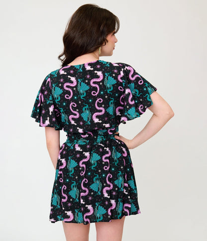 Unique Vintage Black Dragon Print Dottie Crop Top
