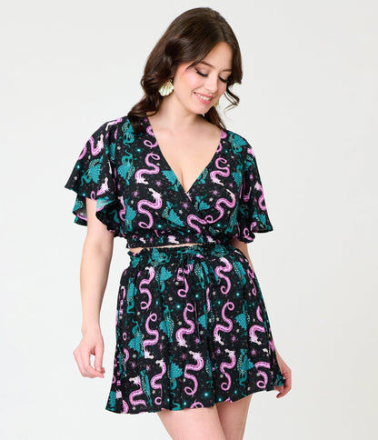 Unique Vintage Black Dragon Print Dottie Crop Top