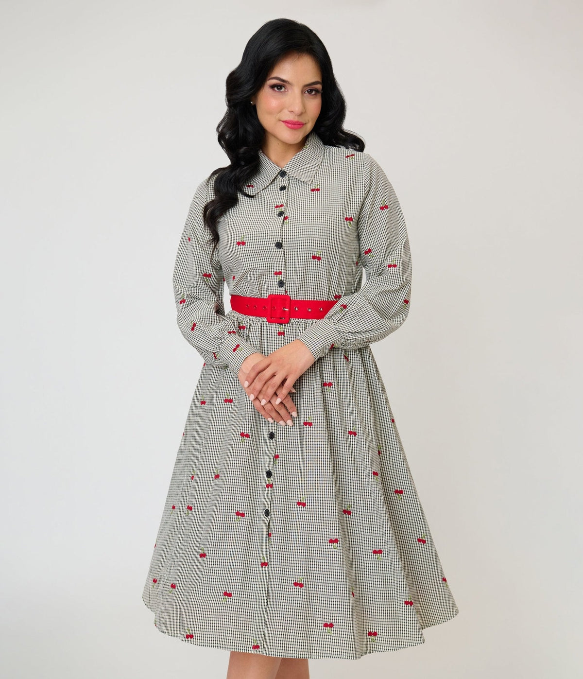 Unique Vintage Black Gingham & Cherries Belted Shirt Dress