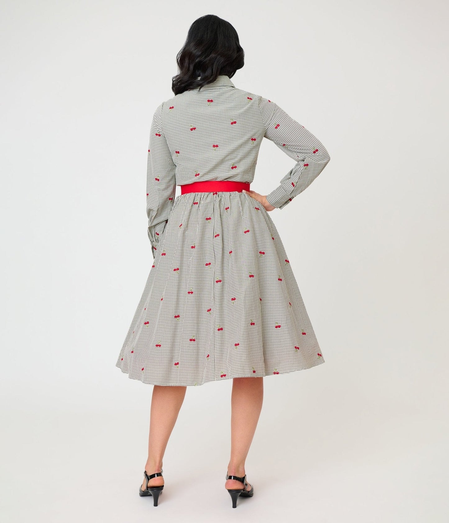 Unique Vintage Black Gingham & Cherries Belted Shirt Dress