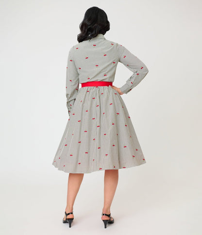 Unique Vintage Black Gingham & Cherries Belted Shirt Dress
