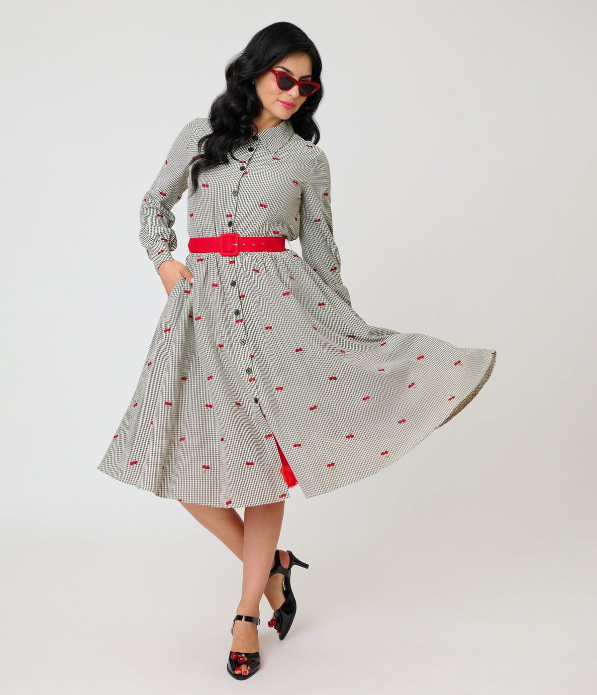 Unique Vintage Black Gingham & Cherries Belted Shirt Dress
