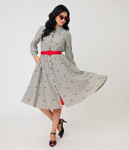 Unique Vintage Black Gingham & Cherries Belted Shirt Dress