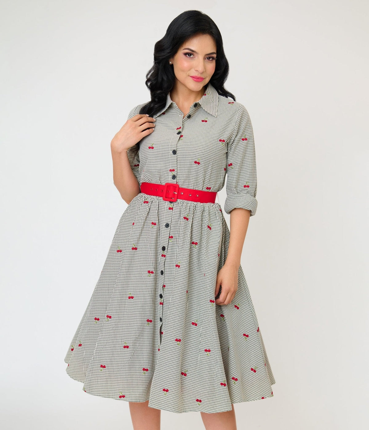 Unique Vintage Black Gingham & Cherries Belted Shirt Dress