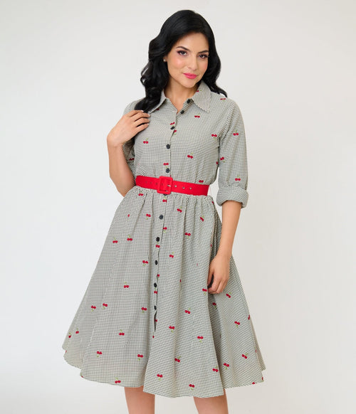 Unique Vintage Black Gingham & Cherries Belted Shirt Dress