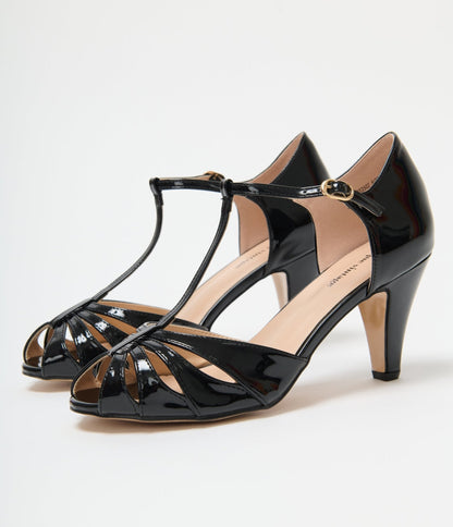 Unique Vintage Black Patent Peep Toe T-Strap Heels