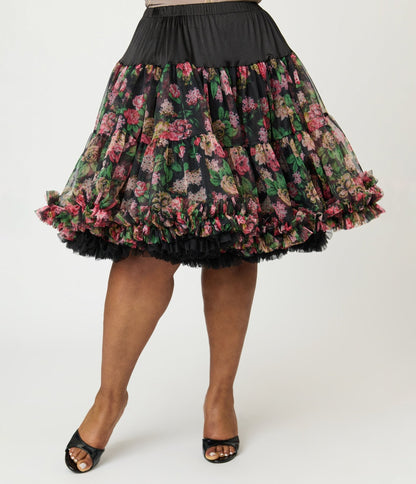 Unique Vintage Black Roses Ruffled Petticoat Crinoline