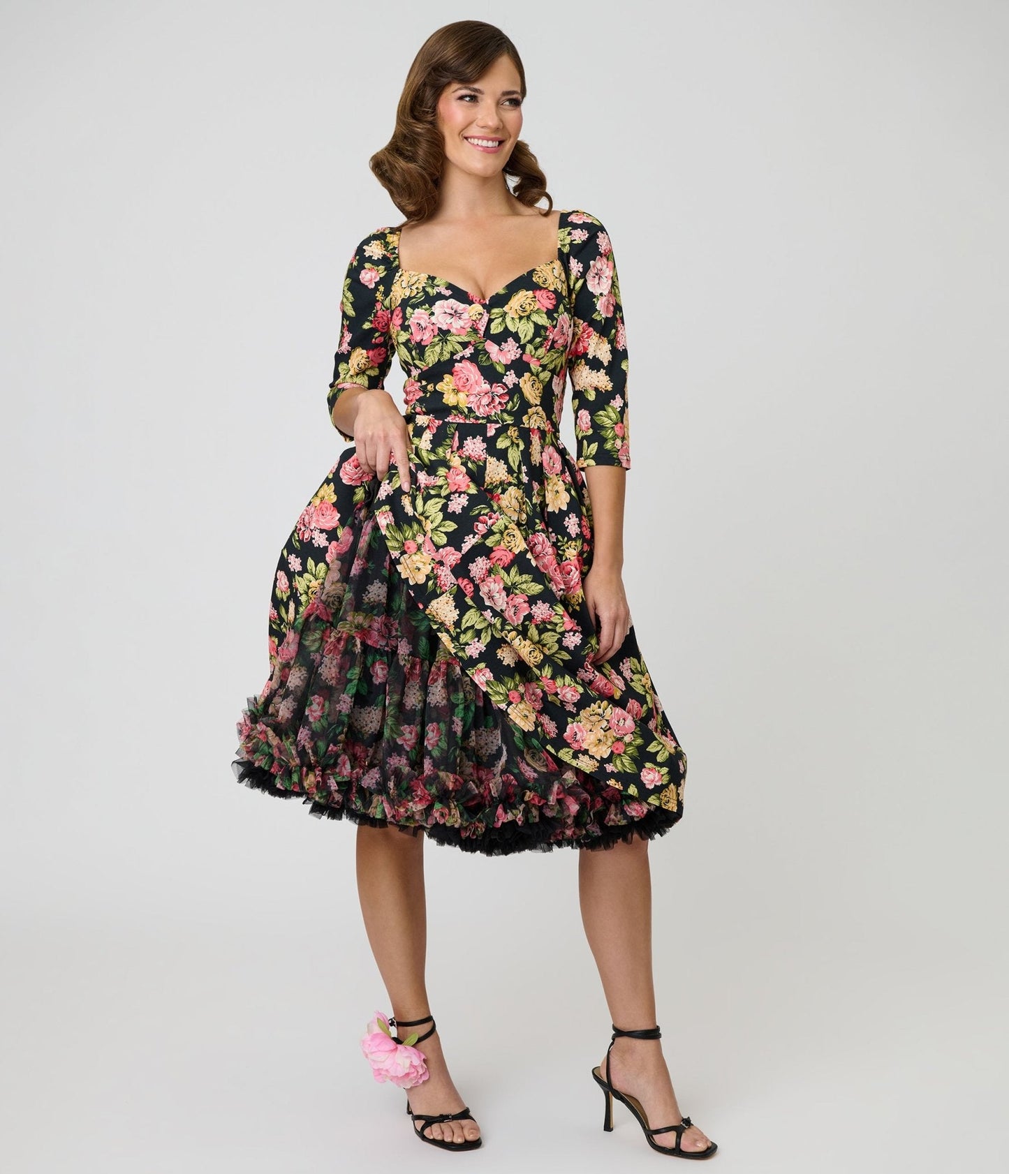 Unique Vintage Black Roses Ruffled Petticoat Crinoline