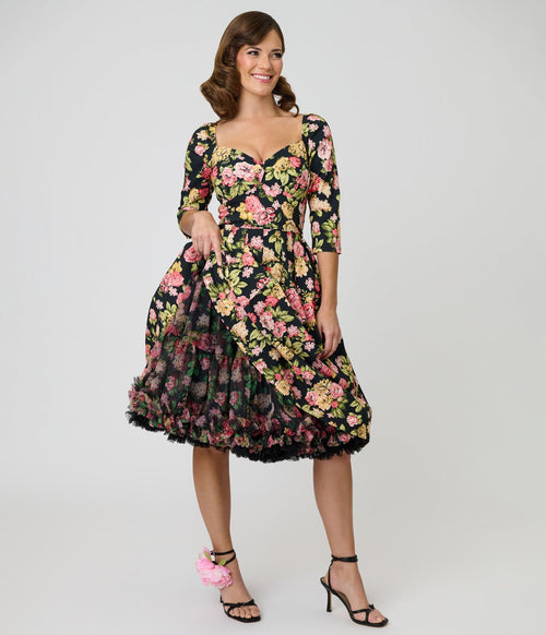 Unique Vintage Black Roses Ruffled Petticoat Crinoline