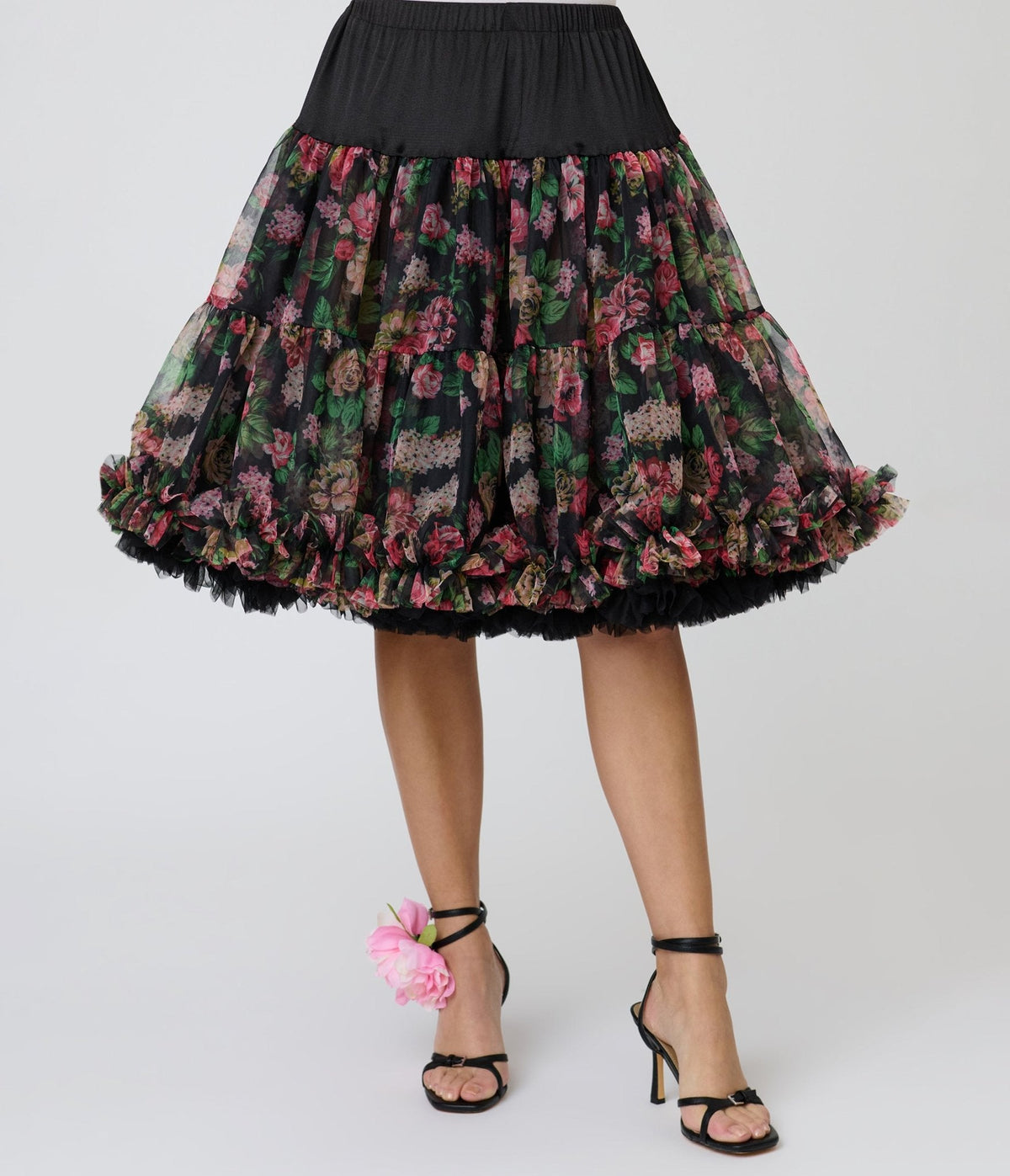 Unique Vintage Black Roses Ruffled Petticoat Crinoline