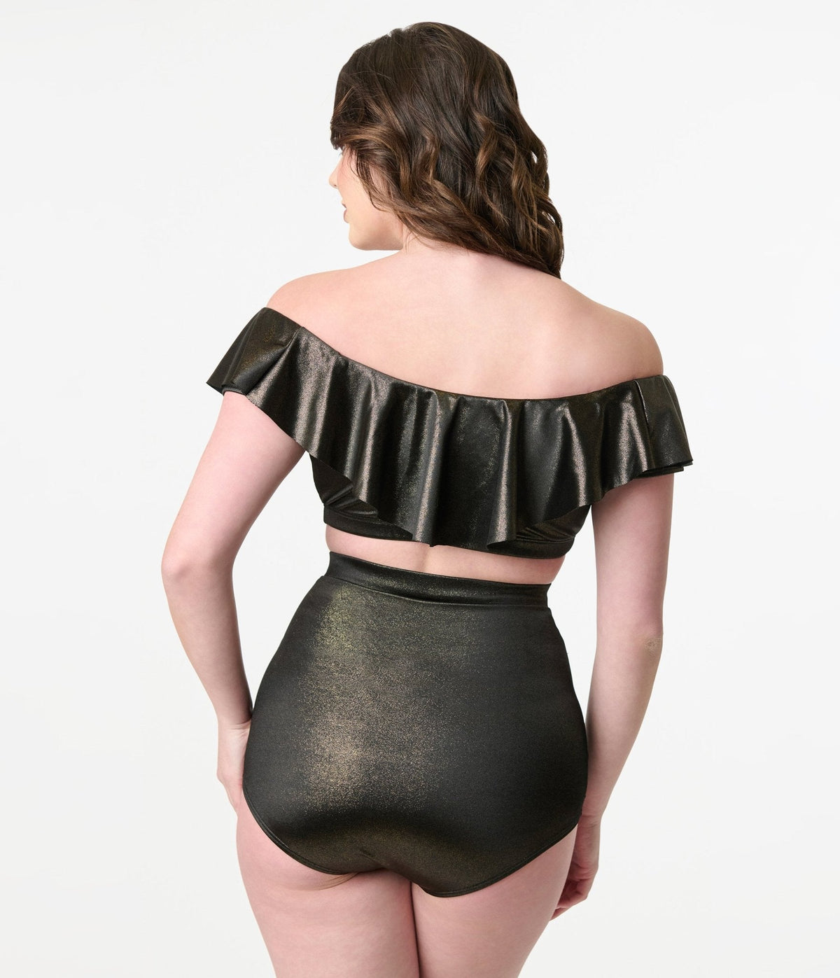 Unique Vintage Black Shimmer Ruffled Ramona Swim Top