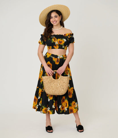 Unique Vintage Black Sunflower Ruffle Up Crop Top