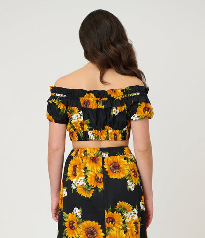 Unique Vintage Black Sunflower Ruffle Up Crop Top