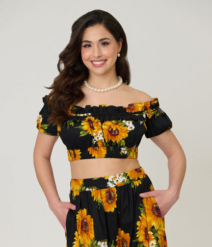 Unique Vintage Black Sunflower Ruffle Up Crop Top