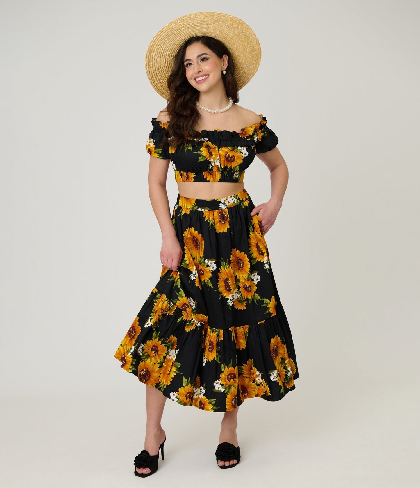 Unique Vintage Black Sunflower Ruffle Up Crop Top
