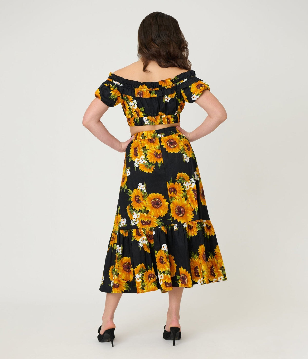 Unique Vintage Black Sunflower Tiered Midi Skirt