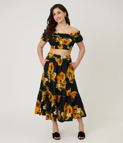 Unique Vintage Black Sunflower Tiered Midi Skirt
