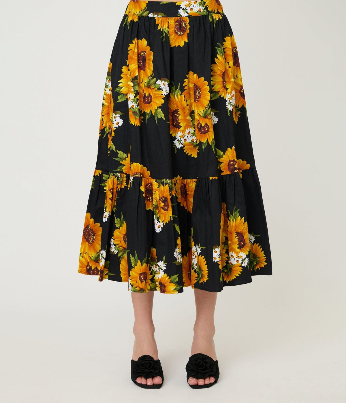 Unique Vintage Black Sunflower Tiered Midi Skirt