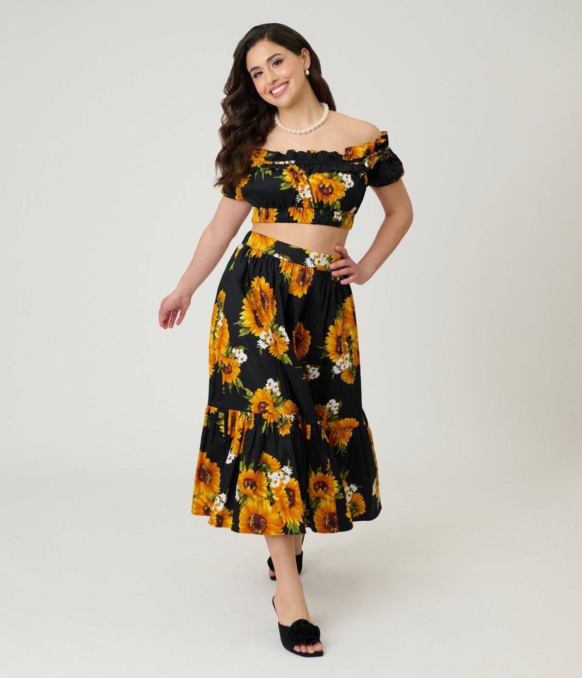Unique Vintage Black Sunflower Tiered Midi Skirt