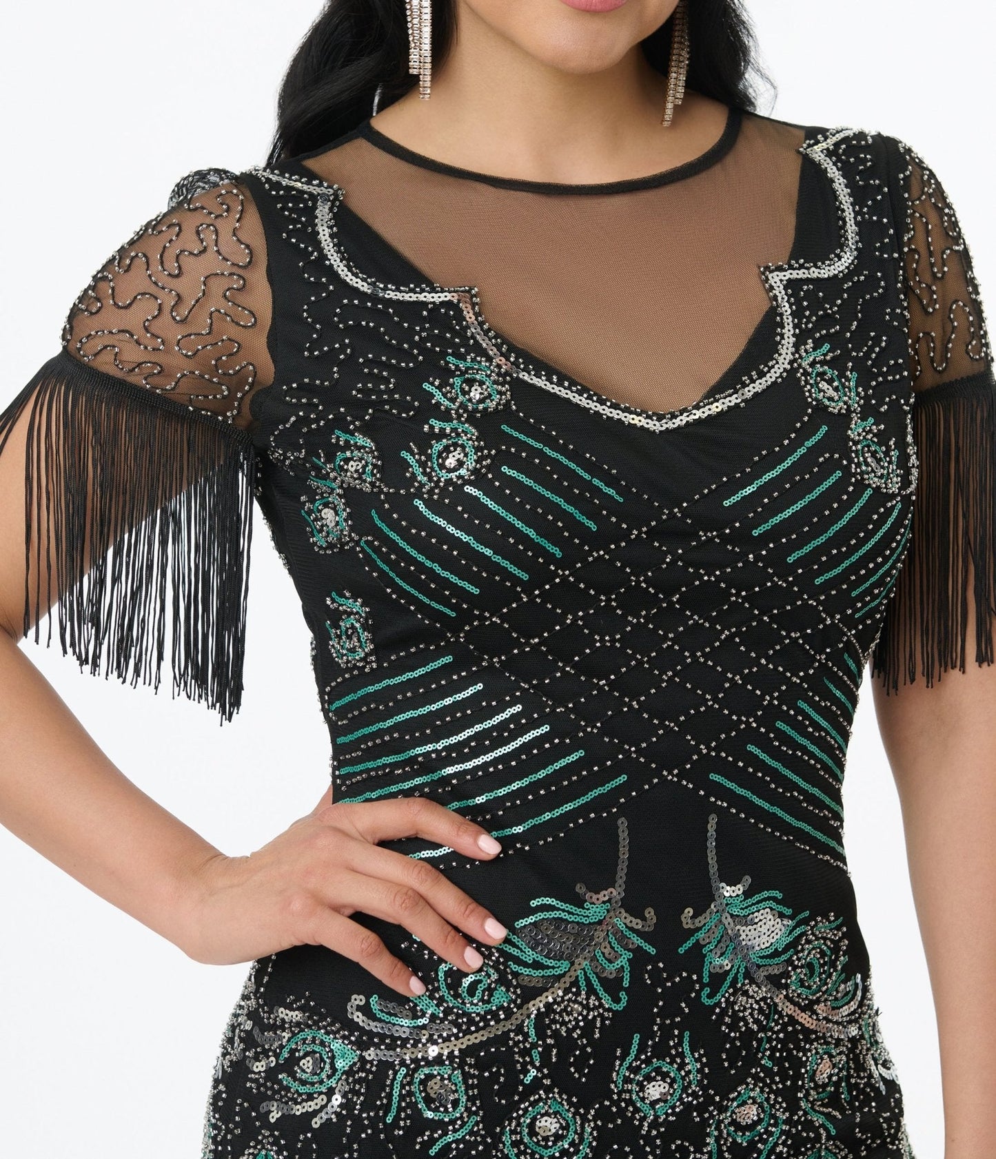 Unique Vintage Black & Teal Peacock Beaded Nadine Fringe Flapper Dress