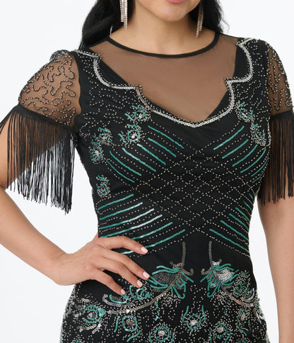 Unique Vintage Black & Teal Peacock Beaded Nadine Fringe Flapper Dress