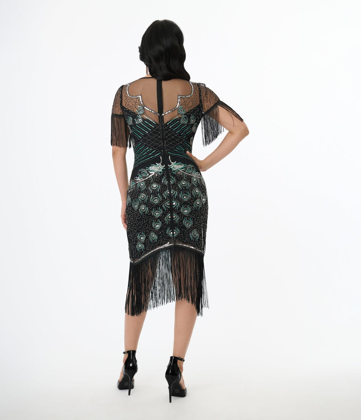 Unique Vintage Black & Teal Peacock Beaded Nadine Fringe Flapper Dress