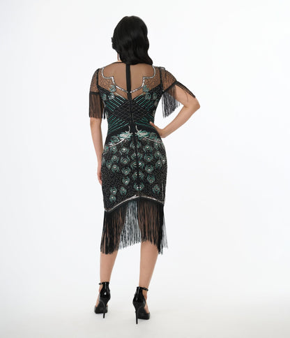 Unique Vintage Black & Teal Peacock Beaded Nadine Fringe Flapper Dress