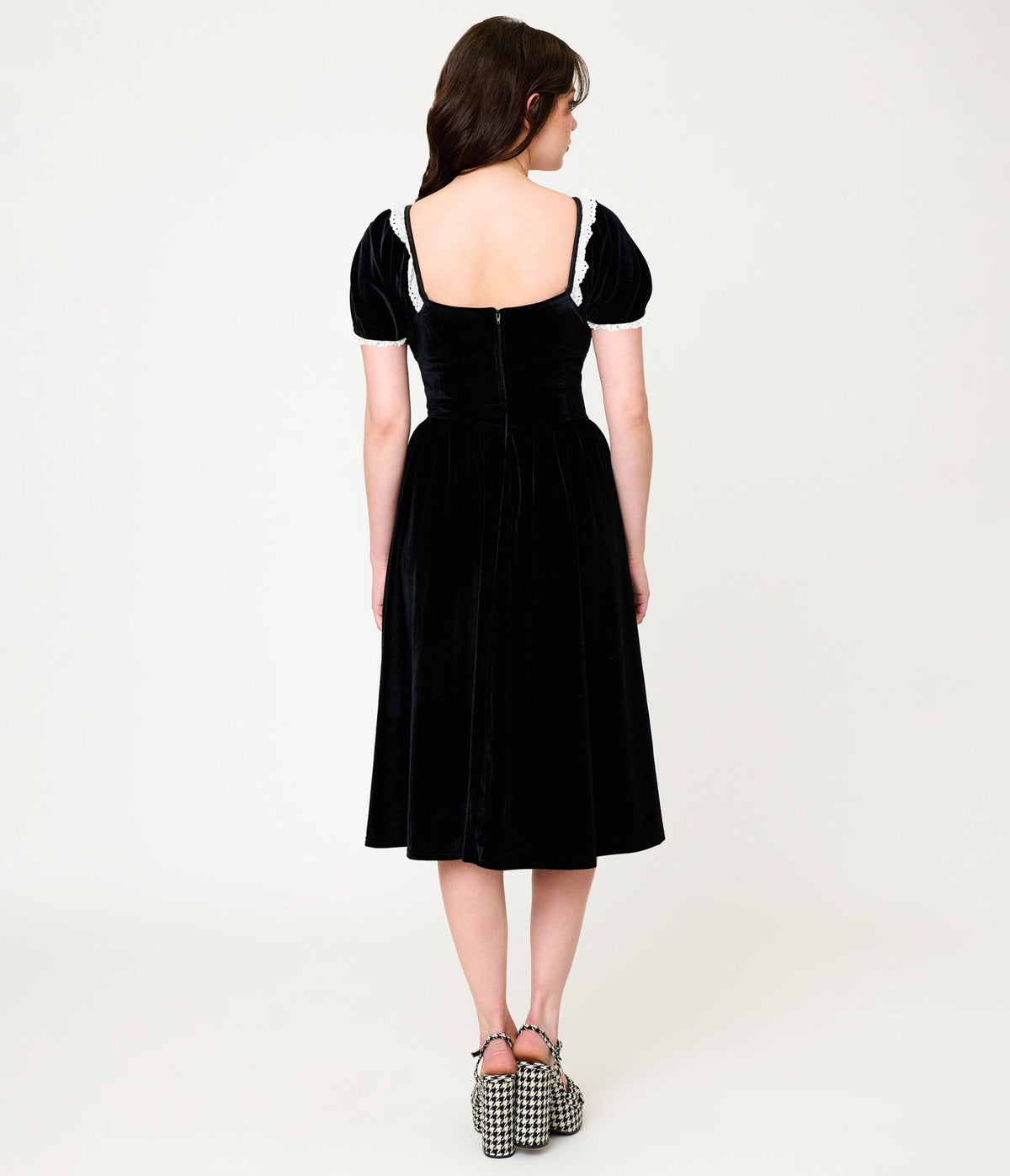 Unique Vintage Black Velvet Sweetheart Puff Sleeve Swing Dress