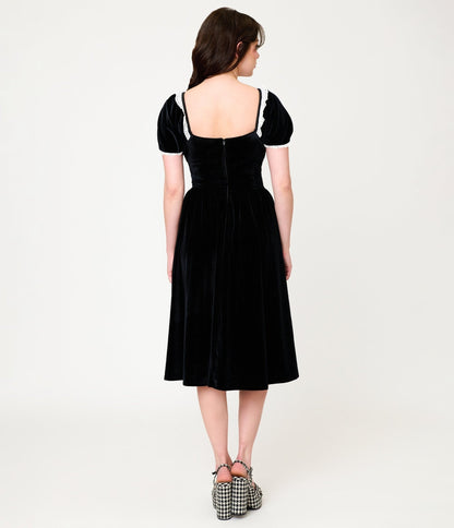 Unique Vintage Black Velvet Sweetheart Puff Sleeve Swing Dress