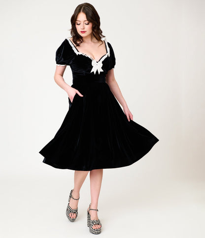 Unique Vintage Black Velvet Sweetheart Puff Sleeve Swing Dress