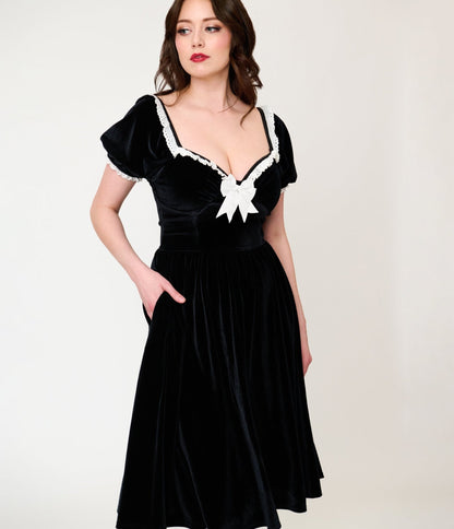 Unique Vintage Black Velvet Sweetheart Puff Sleeve Swing Dress