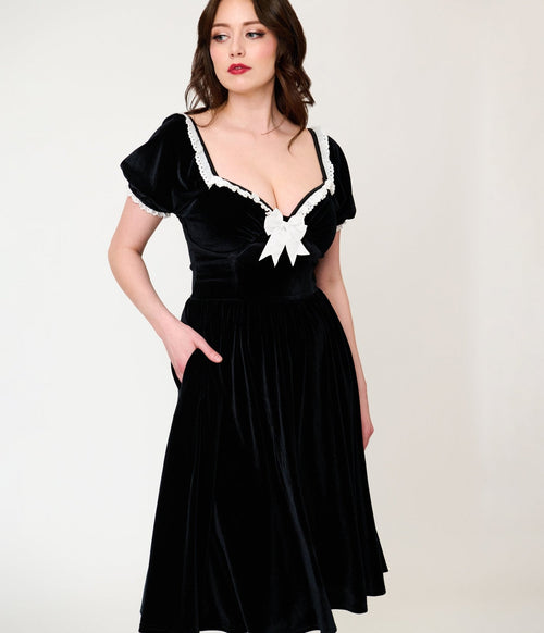 Unique Vintage Black Velvet Sweetheart Puff Sleeve Swing Dress