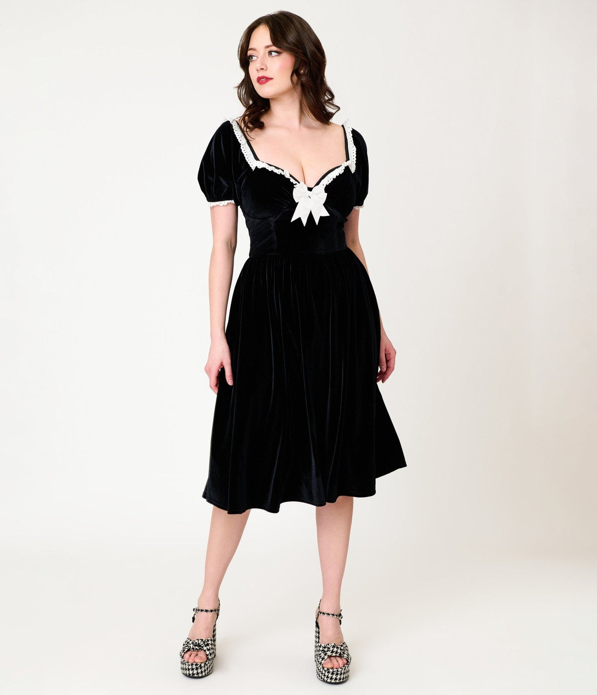 Unique Vintage Black Velvet Sweetheart Puff Sleeve Swing Dress